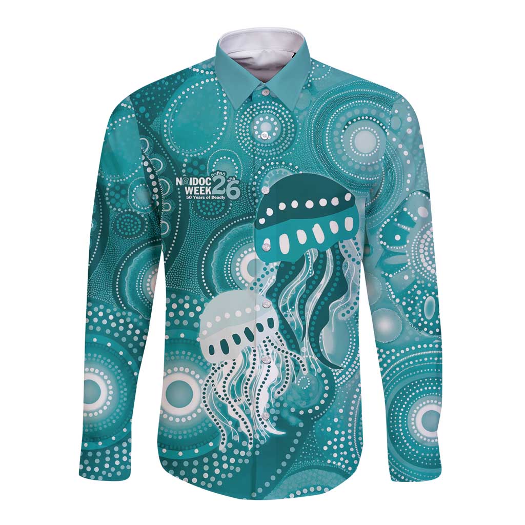 NAIDOC Deadly 50 Years Long Sleeve Button Shirt Jellyfish Aboriginal Culture Inspired Turquoise