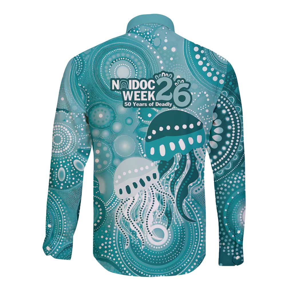 NAIDOC Deadly 50 Years Long Sleeve Button Shirt Jellyfish Aboriginal Culture Inspired Turquoise