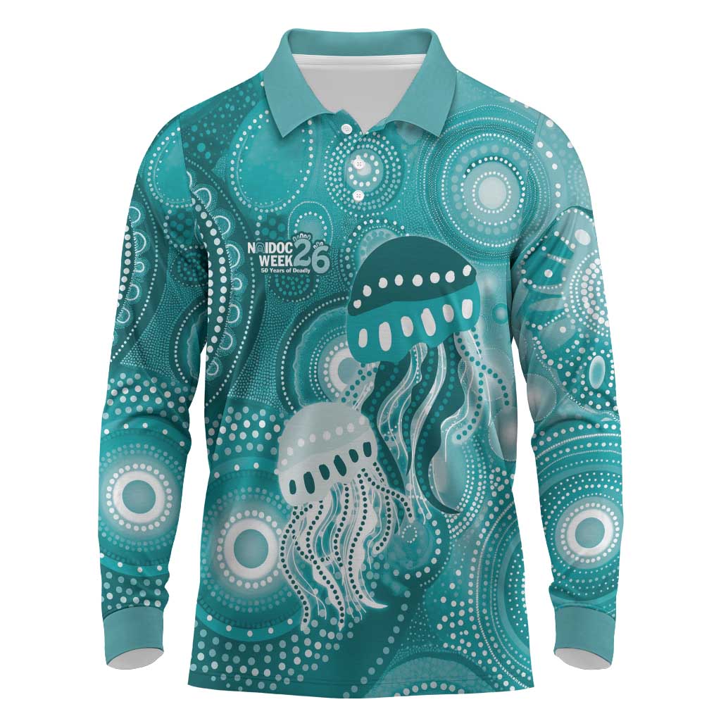 NAIDOC Deadly 50 Years Long Sleeve Polo Shirt Jellyfish Aboriginal Culture Inspired Turquoise
