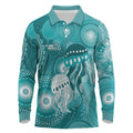 NAIDOC Deadly 50 Years Long Sleeve Polo Shirt Jellyfish Aboriginal Culture Inspired Turquoise