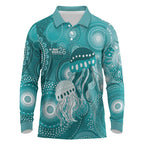 NAIDOC Deadly 50 Years Long Sleeve Polo Shirt Jellyfish Aboriginal Culture Inspired Turquoise