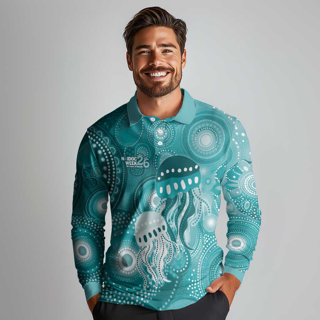 NAIDOC Deadly 50 Years Long Sleeve Polo Shirt Jellyfish Aboriginal Culture Inspired Turquoise