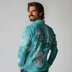 NAIDOC Deadly 50 Years Long Sleeve Polo Shirt Jellyfish Aboriginal Culture Inspired Turquoise