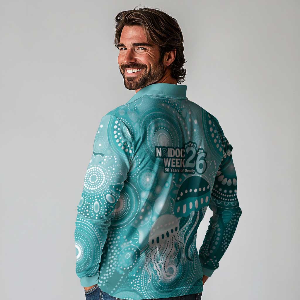 NAIDOC Deadly 50 Years Long Sleeve Polo Shirt Jellyfish Aboriginal Culture Inspired Turquoise
