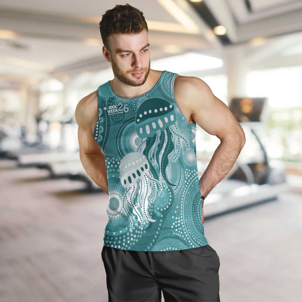 NAIDOC Deadly 50 Years Men Tank Top Jellyfish Aboriginal Culture Inspired Turquoise
