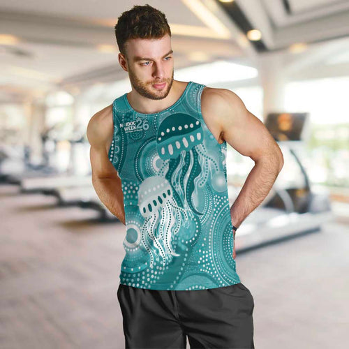 NAIDOC Deadly 50 Years Men Tank Top Jellyfish Aboriginal Culture Inspired Turquoise