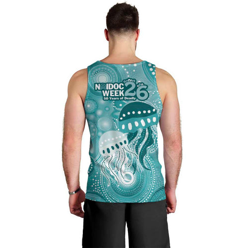 NAIDOC Deadly 50 Years Men Tank Top Jellyfish Aboriginal Culture Inspired Turquoise