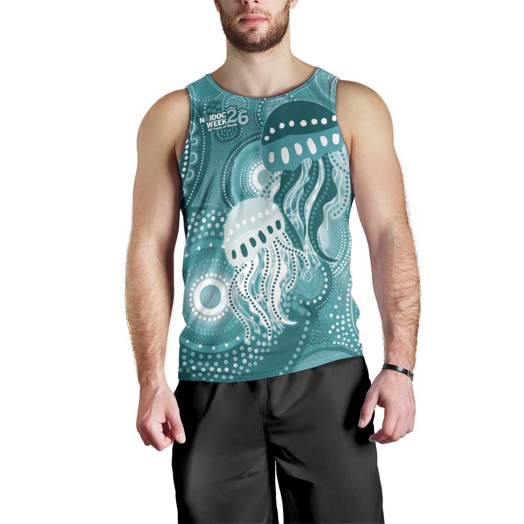 NAIDOC Deadly 50 Years Men Tank Top Jellyfish Aboriginal Culture Inspired Turquoise