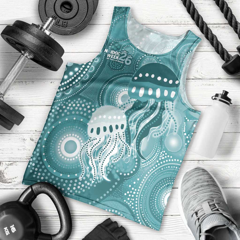NAIDOC Deadly 50 Years Men Tank Top Jellyfish Aboriginal Culture Inspired Turquoise