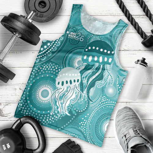 NAIDOC Deadly 50 Years Men Tank Top Jellyfish Aboriginal Culture Inspired Turquoise