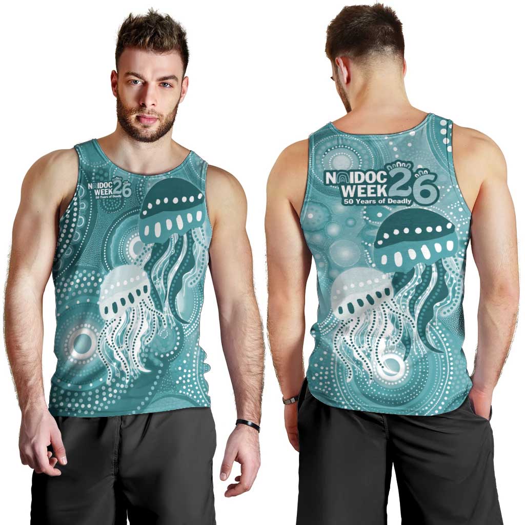 NAIDOC Deadly 50 Years Men Tank Top Jellyfish Aboriginal Culture Inspired Turquoise