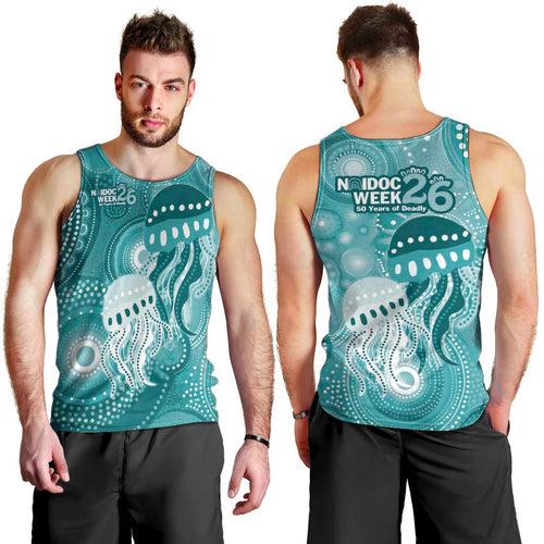 NAIDOC Deadly 50 Years Men Tank Top Jellyfish Aboriginal Culture Inspired Turquoise