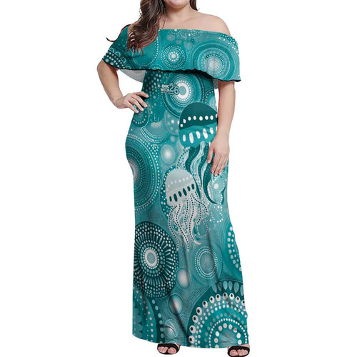 NAIDOC Deadly 50 Years Off Shoulder Maxi Dress Jellyfish Aboriginal Culture Inspired Turquoise