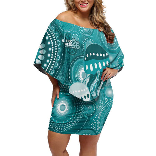 NAIDOC Deadly 50 Years Off Shoulder Short Dress Jellyfish Aboriginal Culture Inspired Turquoise