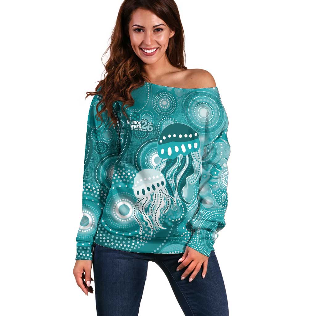 NAIDOC Deadly 50 Years Off Shoulder Sweater Jellyfish Aboriginal Culture Inspired Turquoise