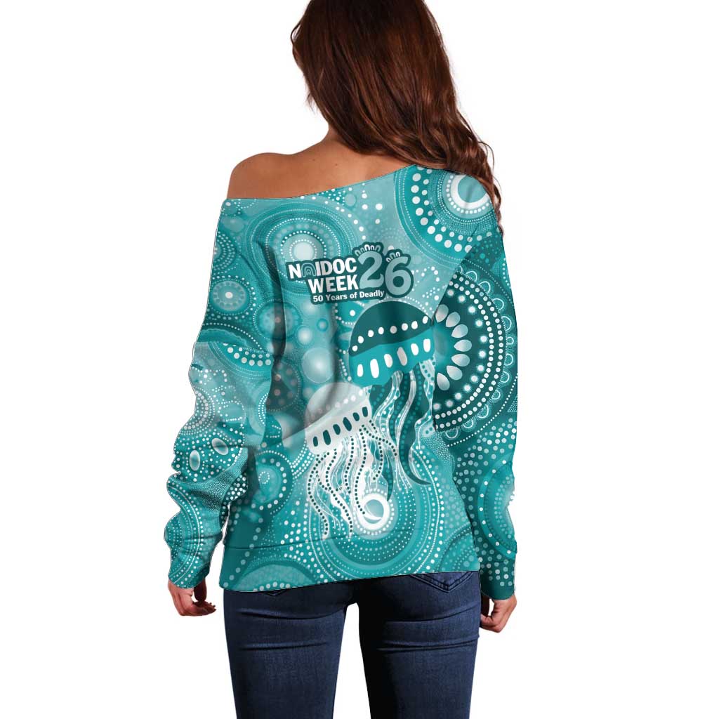 NAIDOC Deadly 50 Years Off Shoulder Sweater Jellyfish Aboriginal Culture Inspired Turquoise