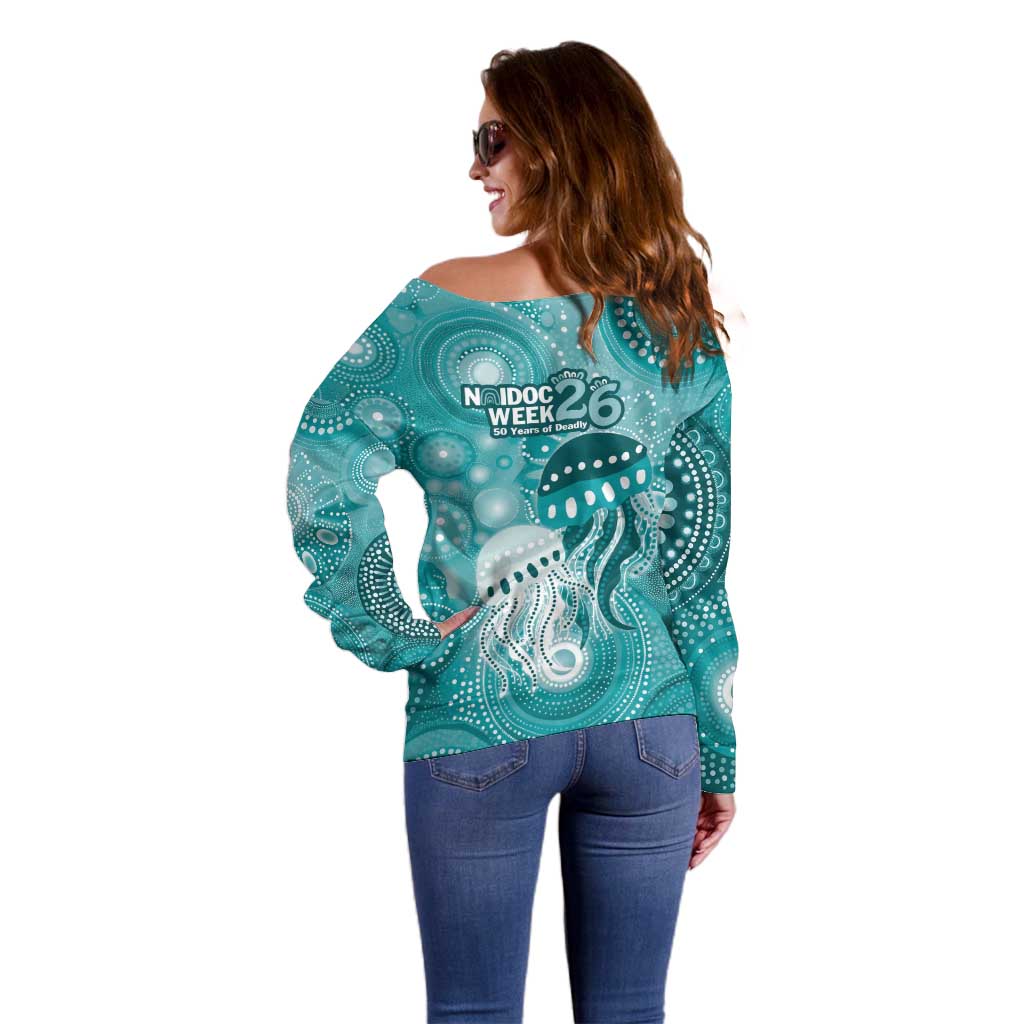 NAIDOC Deadly 50 Years Off Shoulder Sweater Jellyfish Aboriginal Culture Inspired Turquoise