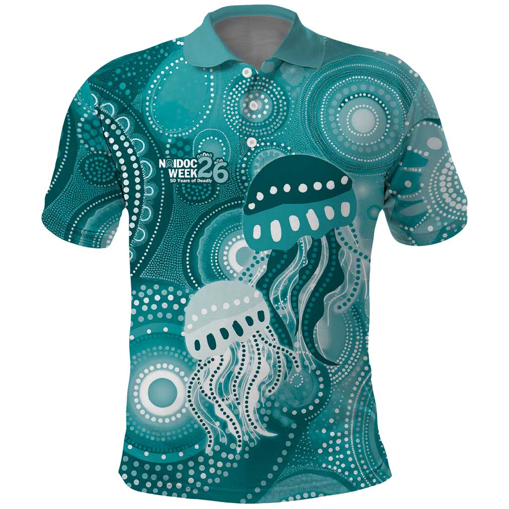 NAIDOC Deadly 50 Years Polo Shirt Jellyfish Aboriginal Culture Inspired Turquoise