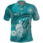 NAIDOC Deadly 50 Years Polo Shirt Jellyfish Aboriginal Culture Inspired Turquoise