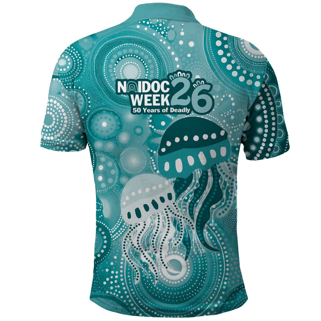 NAIDOC Deadly 50 Years Polo Shirt Jellyfish Aboriginal Culture Inspired Turquoise