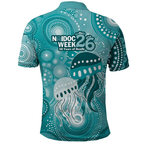 NAIDOC Deadly 50 Years Polo Shirt Jellyfish Aboriginal Culture Inspired Turquoise