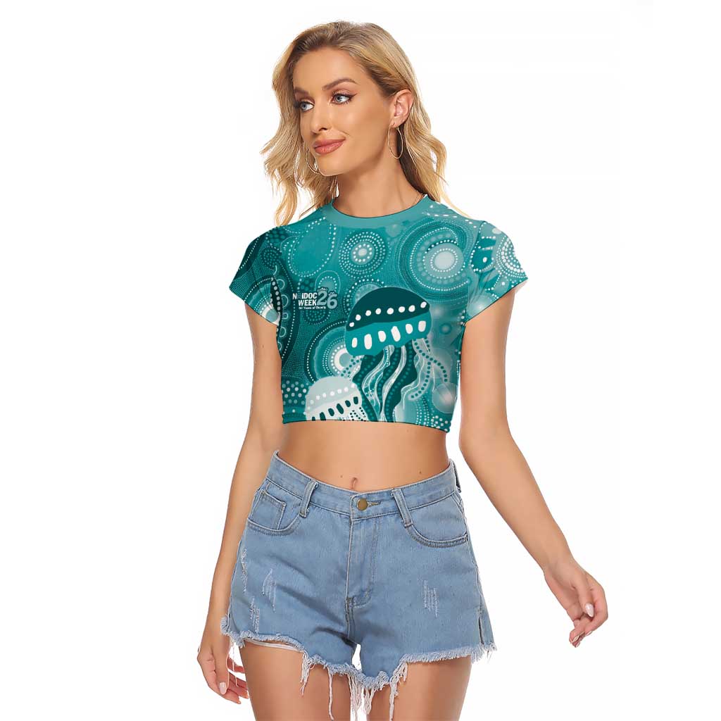 NAIDOC Deadly 50 Years Raglan Cropped T Shirt Jellyfish Aboriginal Culture Inspired Turquoise