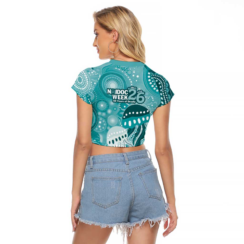 NAIDOC Deadly 50 Years Raglan Cropped T Shirt Jellyfish Aboriginal Culture Inspired Turquoise