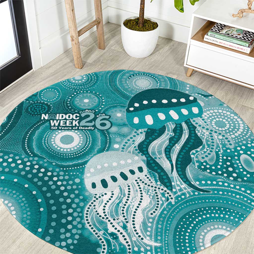 NAIDOC Deadly 50 Years Round Carpet Jellyfish Aboriginal Culture Inspired Turquoise