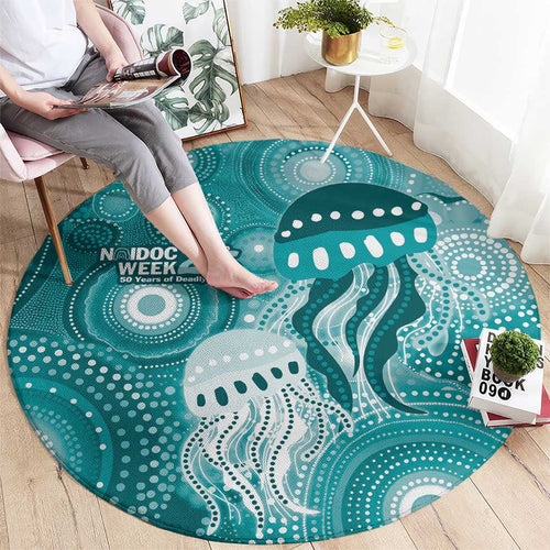 NAIDOC Deadly 50 Years Round Carpet Jellyfish Aboriginal Culture Inspired Turquoise