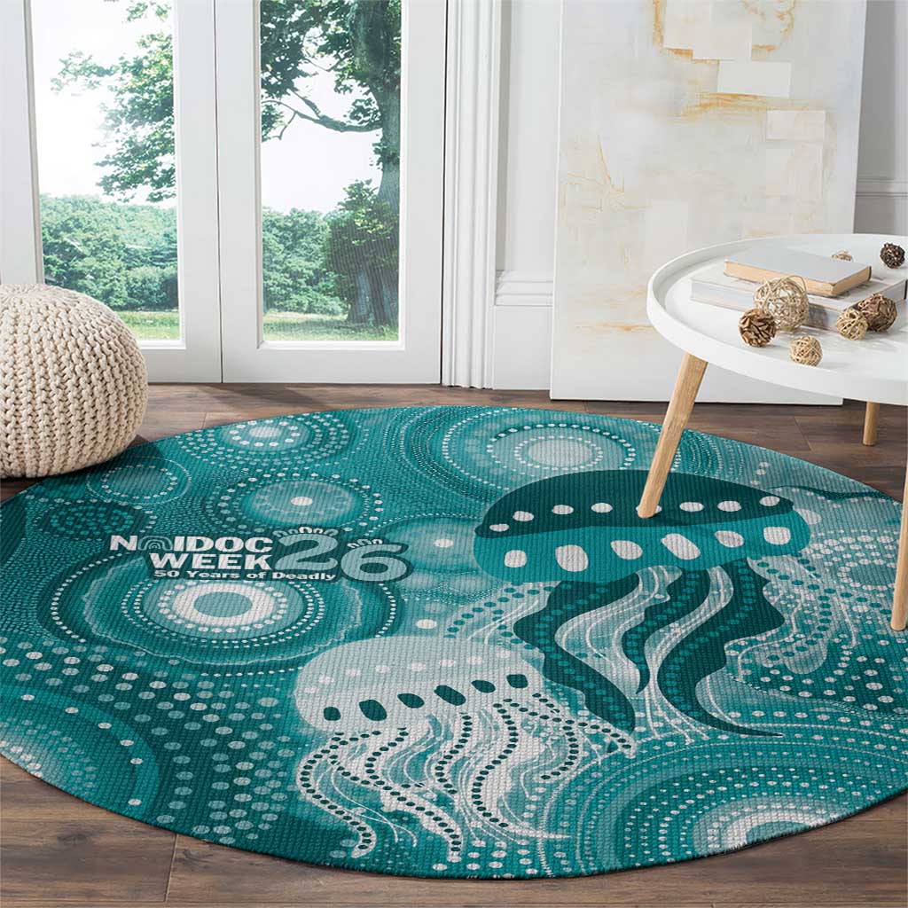 NAIDOC Deadly 50 Years Round Carpet Jellyfish Aboriginal Culture Inspired Turquoise