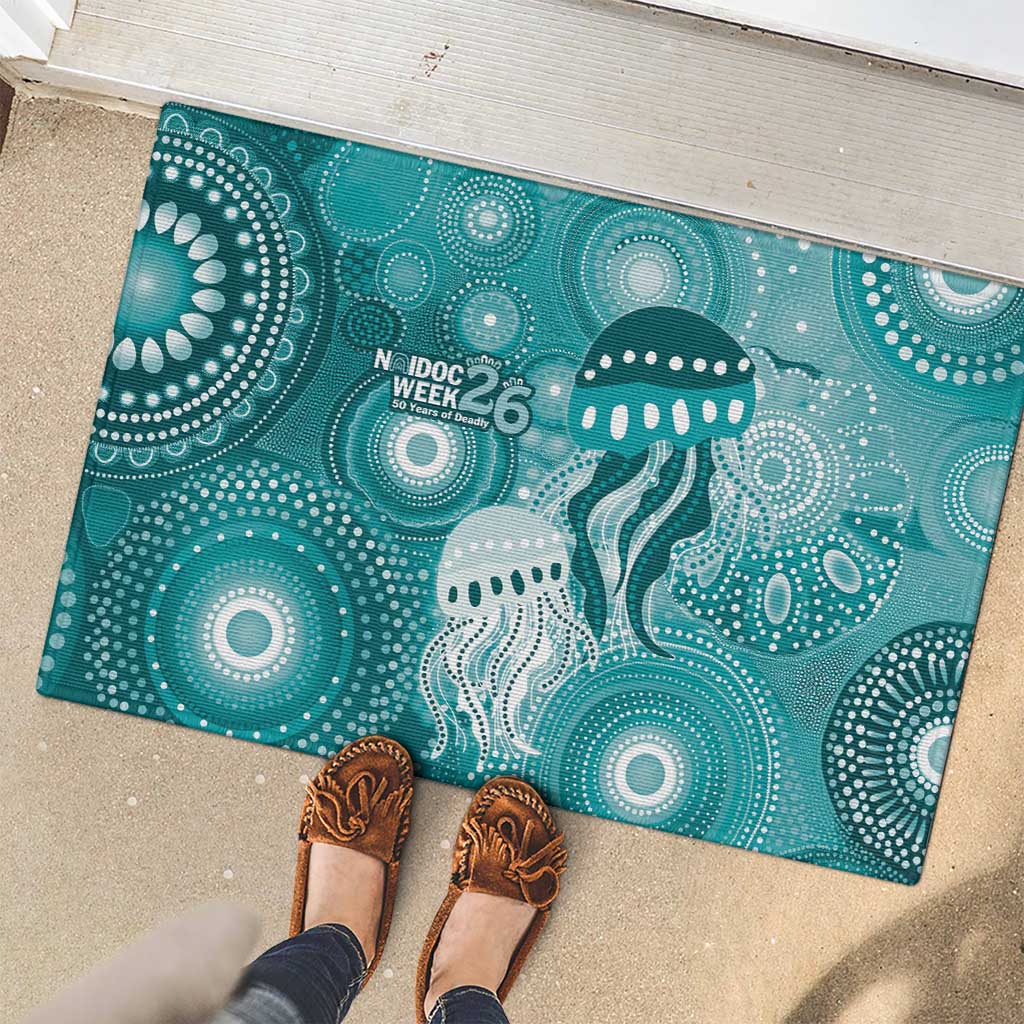 NAIDOC Deadly 50 Years Rubber Doormat Jellyfish Aboriginal Culture Inspired Turquoise