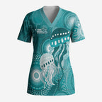 NAIDOC Deadly 50 Years Scrub Top Jellyfish Aboriginal Culture Inspired Turquoise