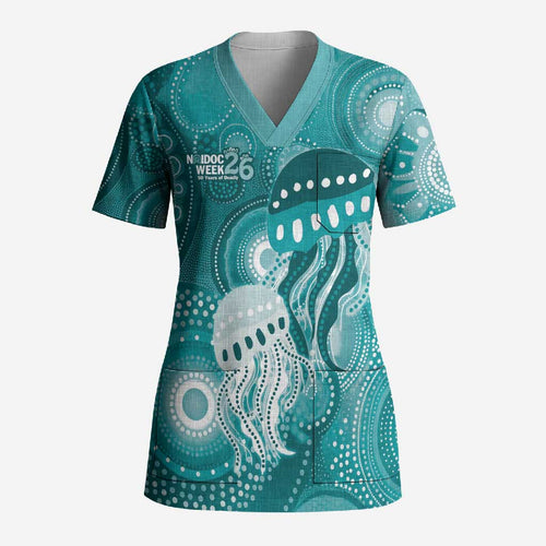 NAIDOC Deadly 50 Years Scrub Top Jellyfish Aboriginal Culture Inspired Turquoise
