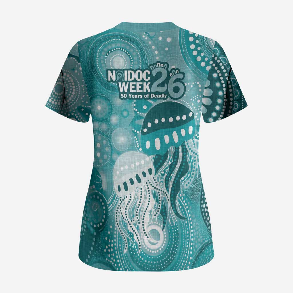 NAIDOC Deadly 50 Years Scrub Top Jellyfish Aboriginal Culture Inspired Turquoise