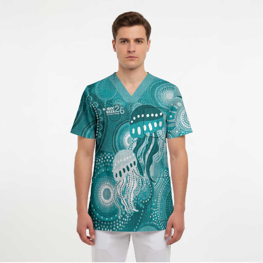 NAIDOC Deadly 50 Years Scrub Top Jellyfish Aboriginal Culture Inspired Turquoise