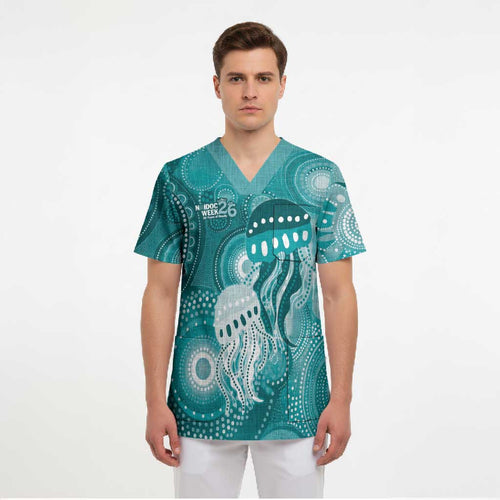NAIDOC Deadly 50 Years Scrub Top Jellyfish Aboriginal Culture Inspired Turquoise
