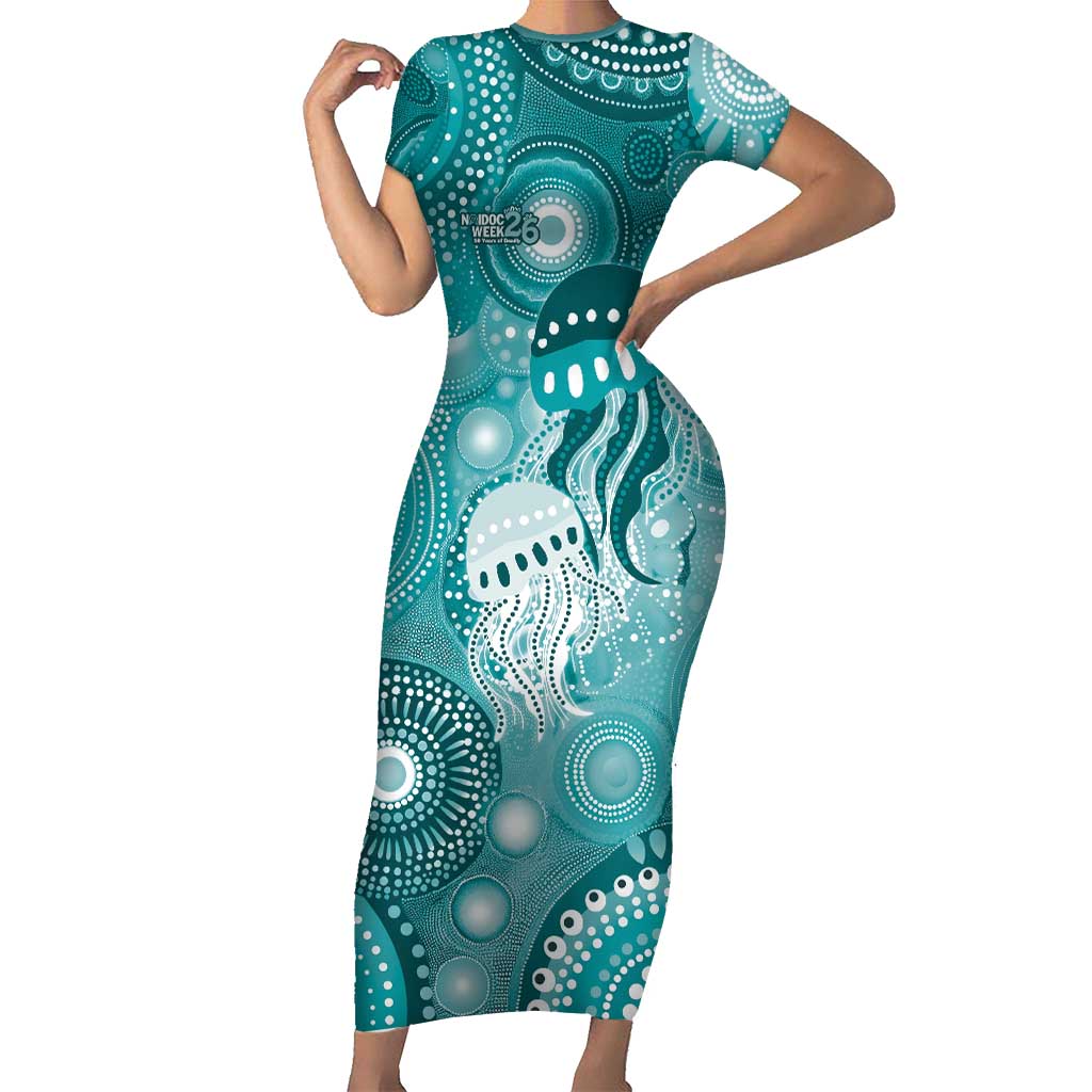NAIDOC Deadly 50 Years Short Sleeve Bodycon Dress Jellyfish Aboriginal Culture Inspired Turquoise