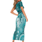 NAIDOC Deadly 50 Years Short Sleeve Bodycon Dress Jellyfish Aboriginal Culture Inspired Turquoise