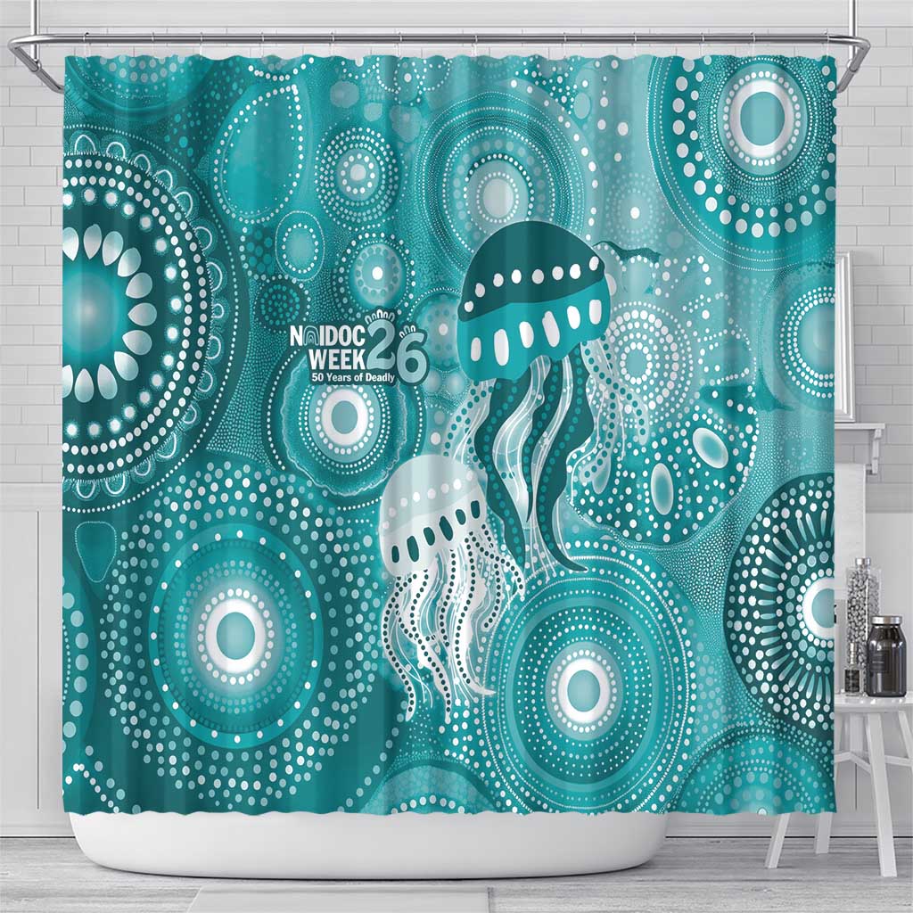 NAIDOC Deadly 50 Years Shower Curtain Jellyfish Aboriginal Culture Inspired Turquoise