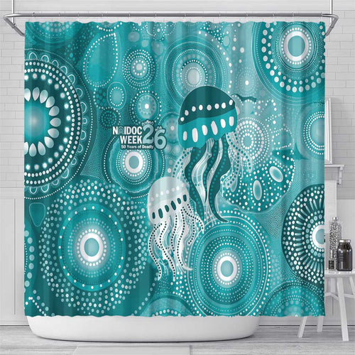 NAIDOC Deadly 50 Years Shower Curtain Jellyfish Aboriginal Culture Inspired Turquoise