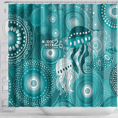 NAIDOC Deadly 50 Years Shower Curtain Jellyfish Aboriginal Culture Inspired Turquoise