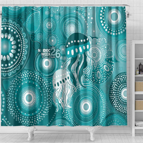 NAIDOC Deadly 50 Years Shower Curtain Jellyfish Aboriginal Culture Inspired Turquoise