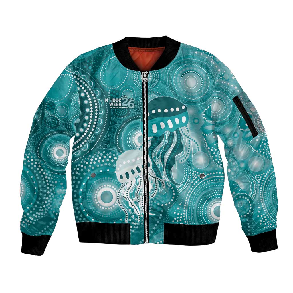 NAIDOC Deadly 50 Years Sleeve Zip Bomber Jacket Jellyfish Aboriginal Culture Inspired Turquoise