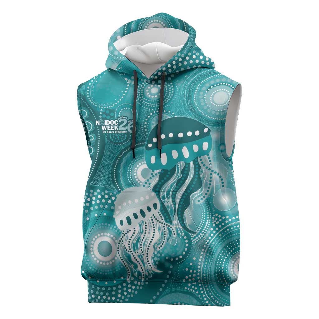 NAIDOC Deadly 50 Years Sleeveless Hoodie Jellyfish Aboriginal Culture Inspired Turquoise
