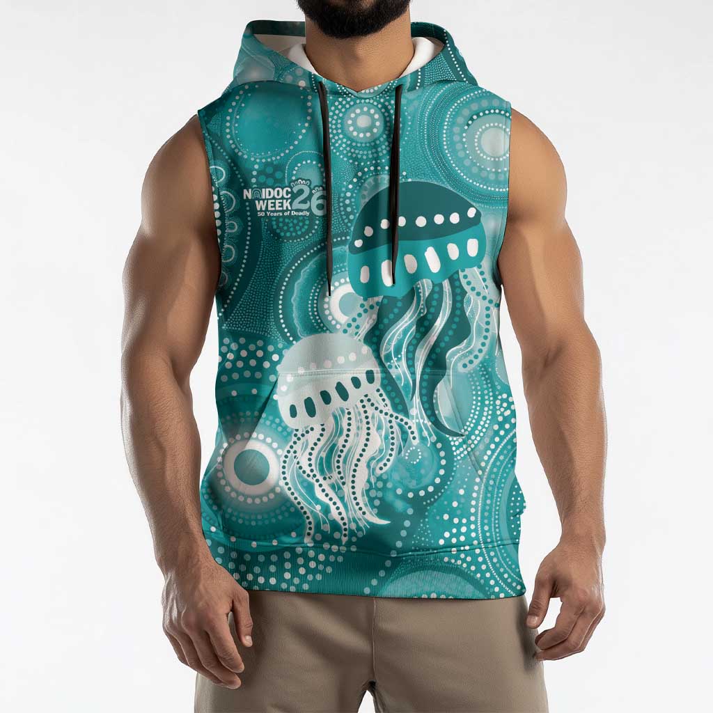 NAIDOC Deadly 50 Years Sleeveless Hoodie Jellyfish Aboriginal Culture Inspired Turquoise