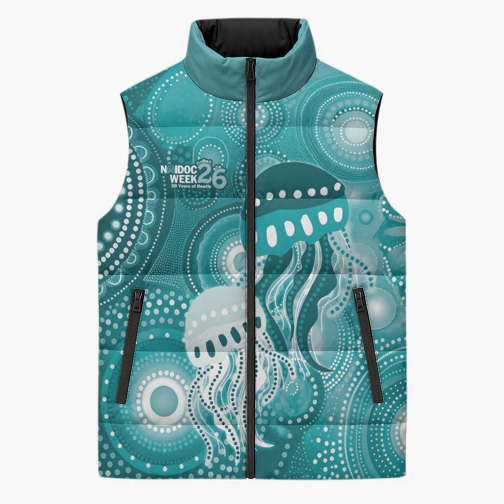 NAIDOC Deadly 50 Years Sleeveless Puffer Jacket Jellyfish Aboriginal Culture Inspired Turquoise