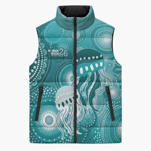 NAIDOC Deadly 50 Years Sleeveless Puffer Jacket Jellyfish Aboriginal Culture Inspired Turquoise