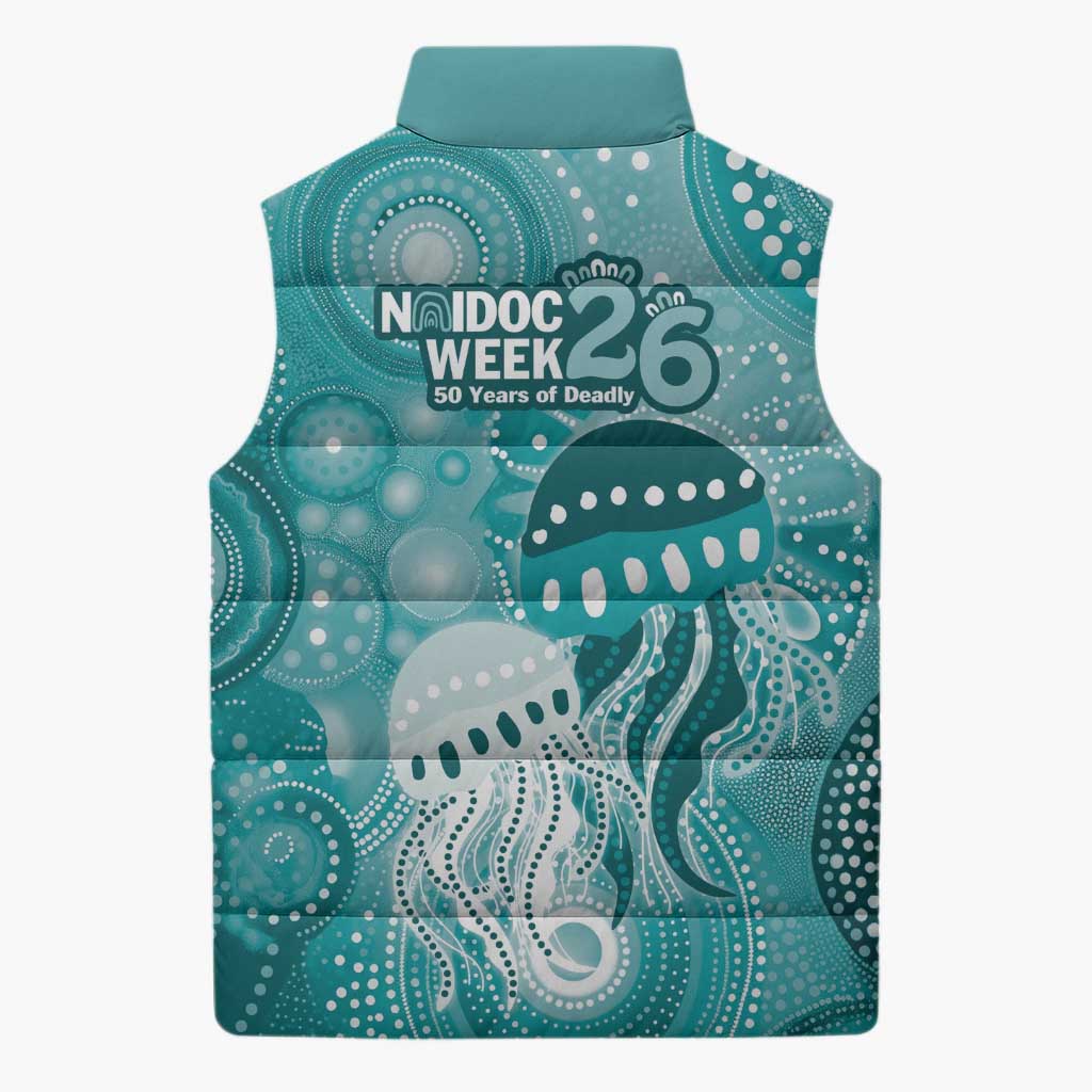 NAIDOC Deadly 50 Years Sleeveless Puffer Jacket Jellyfish Aboriginal Culture Inspired Turquoise