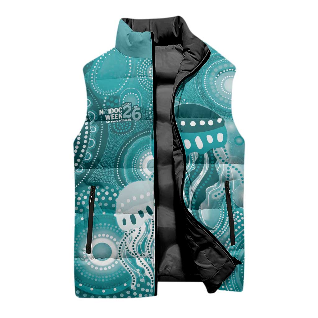 NAIDOC Deadly 50 Years Sleeveless Puffer Jacket Jellyfish Aboriginal Culture Inspired Turquoise