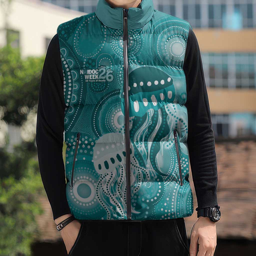 NAIDOC Deadly 50 Years Sleeveless Puffer Jacket Jellyfish Aboriginal Culture Inspired Turquoise